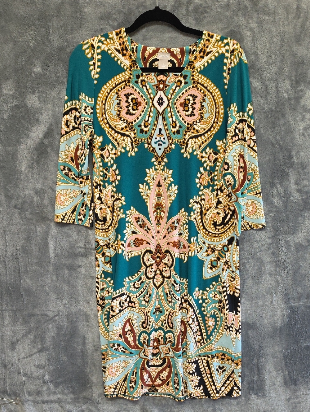 Chico's Teal Paisley Midi Dress with Pink and Gold Accents